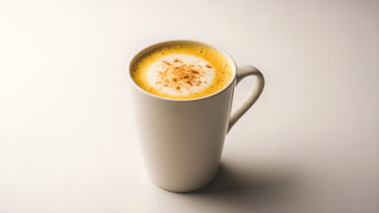 Tall white mug filled with creamy latte coffee topped with cinnamon isolated on white background