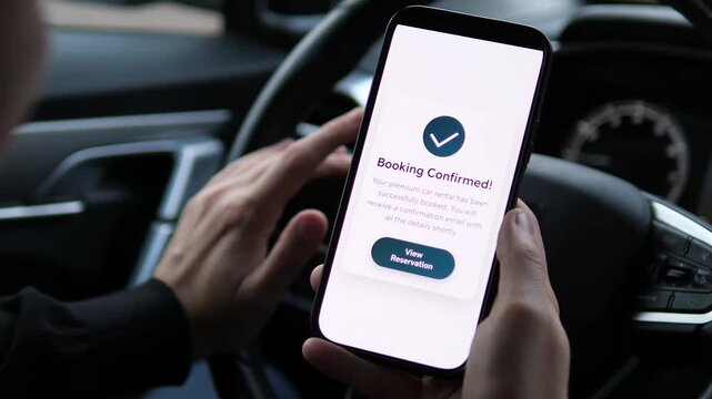 Closeup shot of a mans hands holding a smartphone with a successful car rental booking confirmation notification on screen. Concept of travel planning, mobility freedom, modern car sharing services.