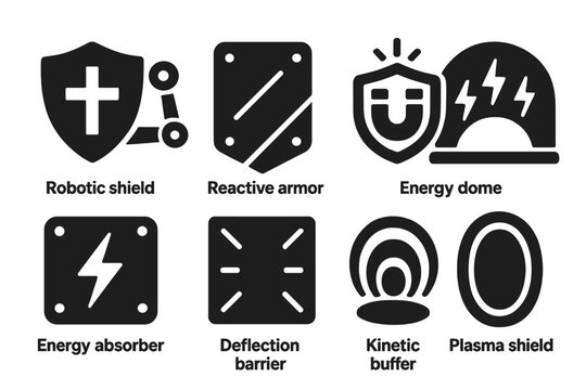 Defense Systems Icons. Solid style icons of defense systems: robotic shield icon, reactive armor plate, magnetic repulse badge.