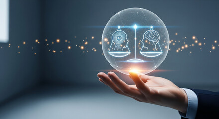 Digital balance sphere comparing artificial intelligence and human thinking illuminated with futuristic glowing icons in business hand for technology ethics concept.