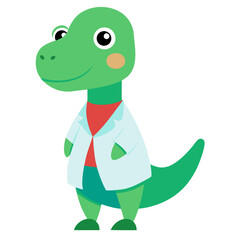 Cute cartoon dinosaur scientist wearing a lab coat and red shirt