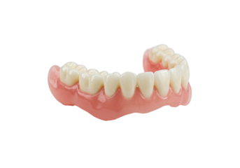A single, pristine partial dental prosthesis with white porcelain teeth and pink acrylic gum, polished to a high sheen, isolated on a bright white studio background with soft macro lighting, concept