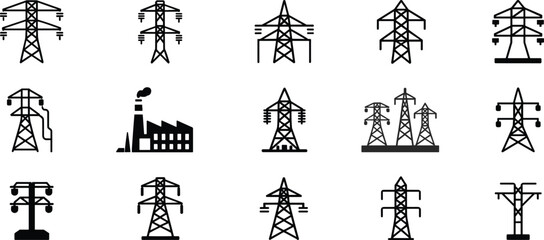 Icons and Silhouettes of Electricity Pylons and Factory on White Background Keywords: electricity pylon, power tower