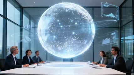 Futuristic meeting hologram global network data visualization business strategy corporate team glass office technology innovation analysis vision - Powered by Adobe