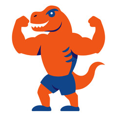 Strong orange dinosaur mascot flexing biceps in blue shorts