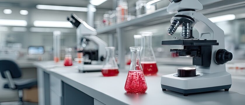 Laboratory setup with test tubes, microscope, and chemical solutions on a white table in a scientific environment