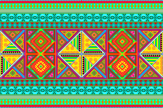 Hmong ethnic fabric, windmill, flowers, seamless geometric vector pattern, colorful.ideal for textile prints, packaging,wallpaper,wrapping paper,carpet,and digital graphic design projects.