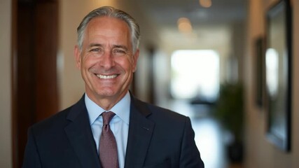 Portrait of an executive businessman wearing a suit and tie, standing in a modern office corridor with natural light. Professional, success and leadership concept. Investor trader - Powered by Adobe