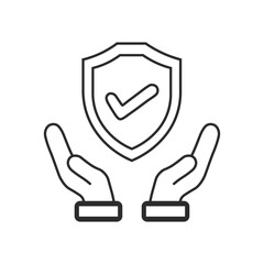 Obraz premium Line art icon of hands holding a shield with a checkmark, symbolizing protection, security, guarantee, and safety