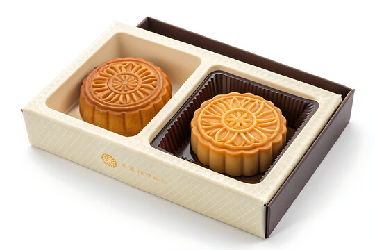 Two traditional mooncakes in a decorative gift box