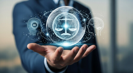 Advanced digital sphere showing balanced justice scale between AI head and human brain icons held above business hand in futuristic setting.