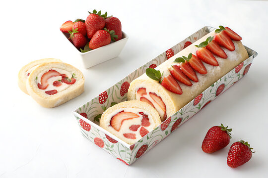 Delicious strawberry swiss roll cake with fresh berries