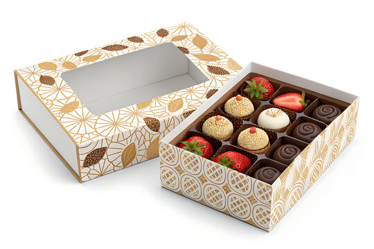 Assortment of gourmet chocolates and fresh strawberries in decorative box