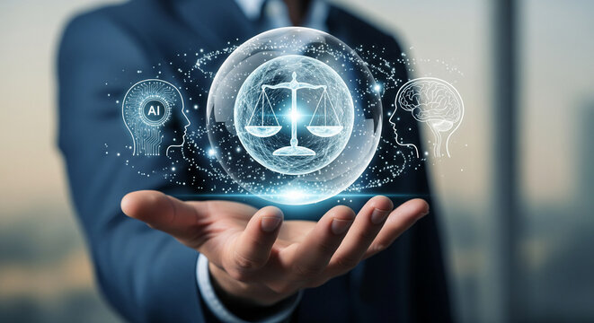 Advanced digital sphere showing balanced justice scale between AI head and human brain icons held above business hand in futuristic setting.
