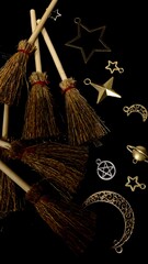 Witch brooms and magical symbols on black background occult charms, moon, stars and pentagram for mystical rituals and witchcraft