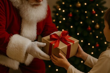 Papai noel entregando presente para uma crian&ccedil;a. 