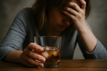 Mulher de meia idade segurando copo com bebida alcoólico.