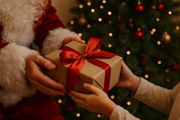 Papai noel entregando presente para uma crian&ccedil;a. 