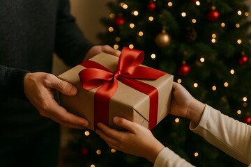 Papai noel entregando presente para uma crian&ccedil;a. 