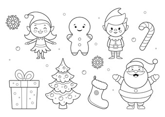 Collection of Christmas characters and symbols for joyful holiday coloring book activity