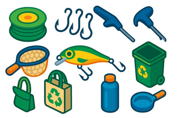 Naklejka premium Eco-Friendly Fishing Gear. Isometric vector illustration set Fishing equipment – sustainable gear kit, biodegradable line,