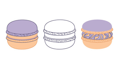 Purple and Orange Macaron Cookies in Full Color Outline and Detailed Variations whisk