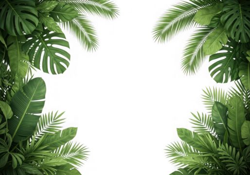 Beautiful arrangement of lush tropical green leaves palm fronds forming a vibrant natural border, isolated on transparent background - Powered by Adobe
