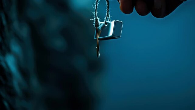 Phishing hook concept cyber security scam warning bait metal hook closeup human hand blue background tension fishing hook rope hand tag metal sharp