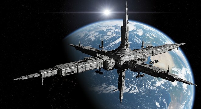 Futuristic space station orbiting Earth with bright sun and cosmos background