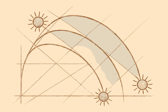 Sun Path Diagram. a hand-drawn diagram showing sun paths across seasons with ancient geometry lines, sepia and sky blue tones, No