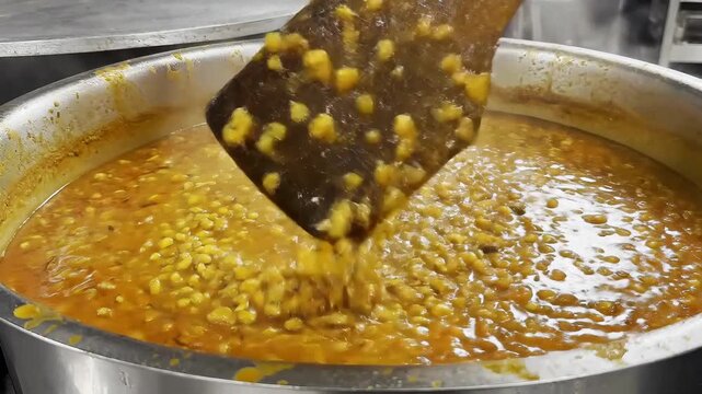 Preparing a large pot of traditional Indian dal curry.