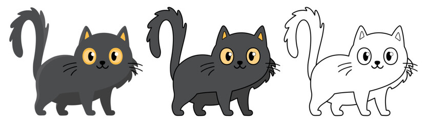 Adorable black cat simple cartoon design character set, perfect for Halloween themes or pet concepts