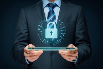Businessman holding tablet security system data protection corporate information technology information network confidential access firewall business privacy