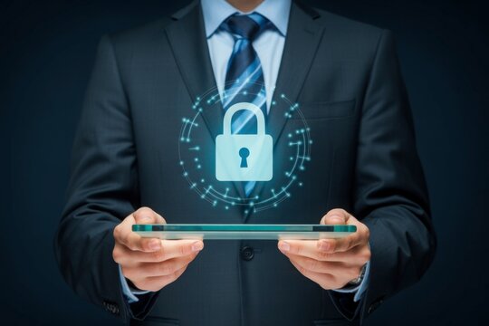 Businessman holding tablet security system data protection corporate information technology information network confidential access firewall business privacy