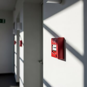Red fire alarm on a white wall in a modern building hallway, safety and emergency concept for fire protection system