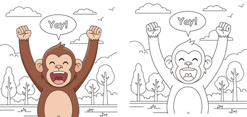 Cute cartoon monkey cheering with arms up and speech bubble saying Yay, colored character with black and white nature background line art vector illustration © MstSangita