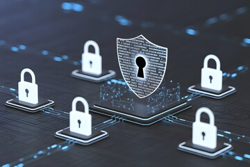Cybersecurity technology connecting digital padlocks to shield with binary code protecting data with security network on blue illuminated background