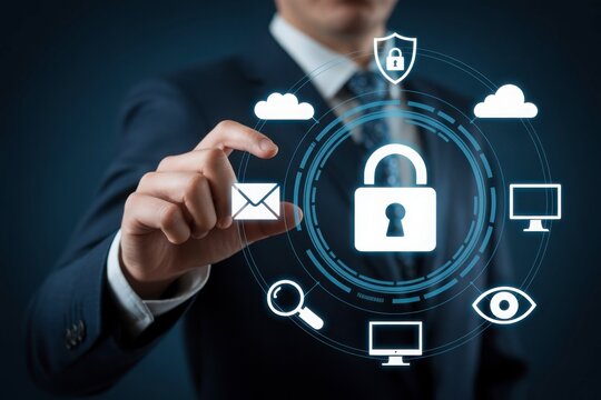 Businessman touching digital padlock inside network protection circle for data privacy and security, cloud computing, and digital technology