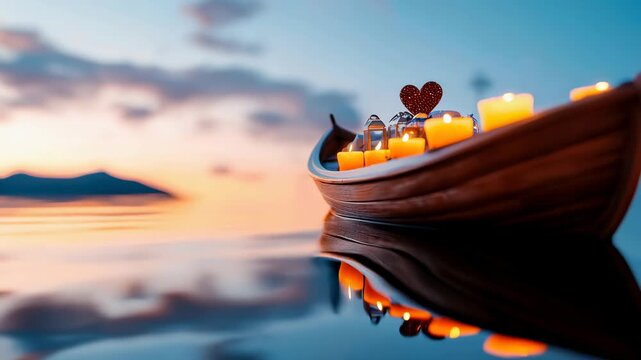 Romantic boat at sunset with candles and heart over sea and calm water, soft light and bokeh reflection, serene evening glow, lantern lit canoe
