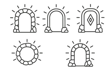 Fototapeta premium Radiant Mineral Arches. Icons for: mineral entryway halos, glowing stone arch outlines, radiant ore door symbols, luminous mineral