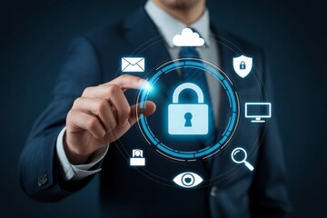 Businessman touching digital padlock inside network protection circle for data privacy and security, cloud computing, and digital technology