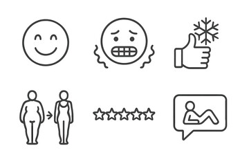 Fototapeta premium Cryotherapy Icons Overview. Line style icons of cryotherapy user experience: satisfaction smile, shivering emoji, thumbs up cold,