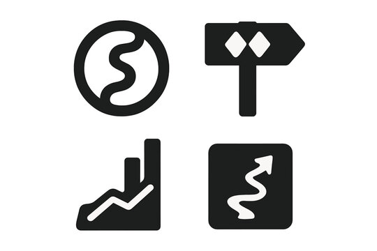 Trail Difficulty Icons. Solid style icons of beginner vs expert trails: green path glyph, double black icon, sign badge. Route