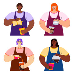 Set of different female baristas prepare several types of coffee. Perfect for caf&eacute; menus, coffee shop branding, web graphics, and printed materials. Hand-drawn vector isolated on a white background.