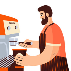 Brown-haired and long-bearded male barista making coffee with a professional coffee machine. Perfect for caf&eacute; menus, coffee shop branding, web graphics, and various print designs. Isolated on white.