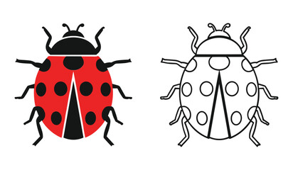 Red ladybug with black spots and its outline on white background ladybird beetle