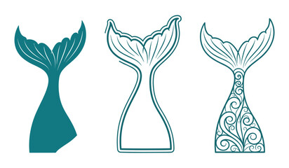 Three stylized mermaid tails in teal and outline on white background fantasy mythical creature © AIGen Studio