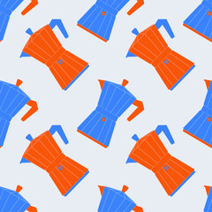 Simple seamless pattern featuring blue and orange moka pots in a modern flat style. Perfect for caf&eacute; branding, kitchen textiles, packaging, wrapping paper, backgrounds, and coffee-themed designs.