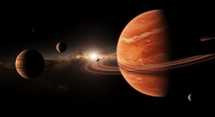 Magnificent space scene with planets rings and bright sun in universe