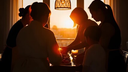 Families gather for dinner preparation as the sun sets behind them in a home kitchen